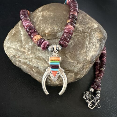 Navajo Purple Spiny Oyster Turquoise Naja Pendant Necklace | Sterling Silver | Authentic Native American Handmade | 16809