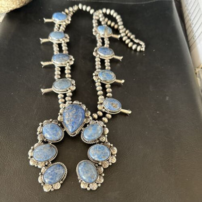 Navajo Sterling Silver Denim Lapis Pendant Necklace | Naja Squash Blossom | Authentic Native American Handmade | 15033