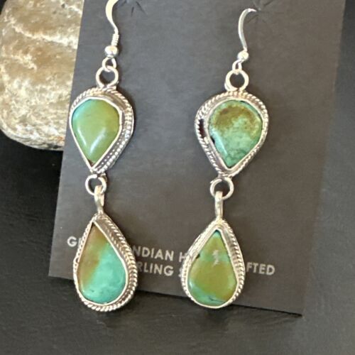 Navajo Green Royston Turquoise Dangle Earrings | Sterling Silver | Authentic Native American Handmade | 16491