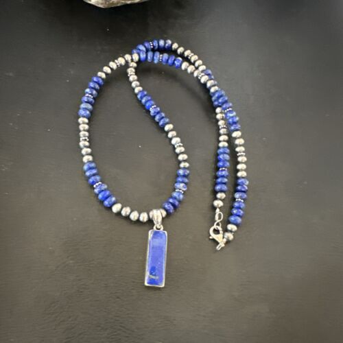 Navajo Blue Lapis Pendant with Pearls | Sterling Silver Necklace | Authentic Native American Handmade | 16934
