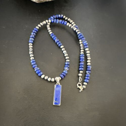 Navajo Blue Lapis Pendant with Pearls | Sterling Silver Necklace | Authentic Native American Handmade | 16934