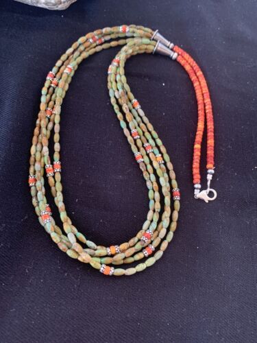 Navajo Sterling Silver Graduated Turquoise Spiny Bead Necklace | 3 Strand | Authentic Native American Handmade | 00577