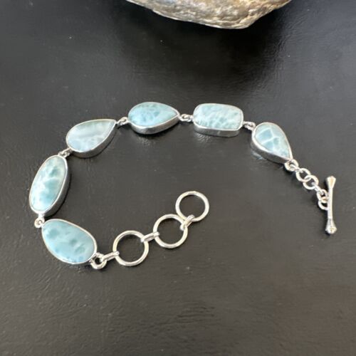 Navajo Blue Larimar Bracelet | Sterling Silver Link | 8" | Authentic Native American Handmade | 16075