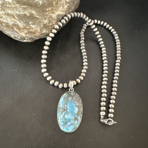 Navajo Blue Spiderweb Turquoise Pendant Necklace | Sterling Silver | Authentic Native American Handmade | 17016