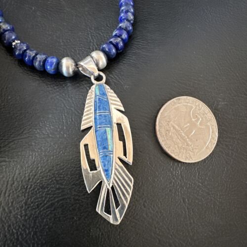 Navajo Blue Denim Lapis Feather Pendant Necklace | Sterling Silver Inlay | Authentic Native American Handmade | 16767