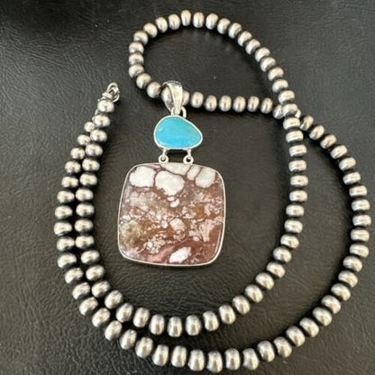 Men's Wild Horse & Blue Kingman Turquoise Necklace | Sterling Silver SW Pendant | 17320