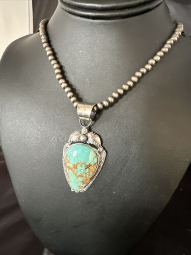 Navajo Pearls Sterling Silver Necklace with Blue Turquoise #8 Pendant | Authentic Native American Handmade | 14857