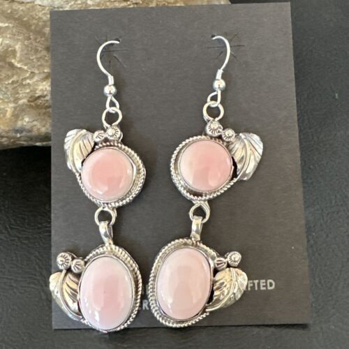 Navajo Pink Conch Shell Dangle Earrings | Sterling Silver | Authentic Native American Handmade | 17213