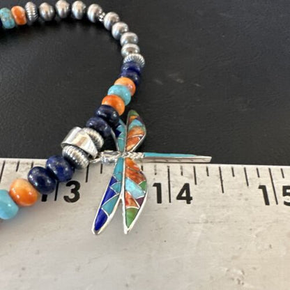 Navajo Dragonfly Pendant | Sterling Silver Turquoise Spiny Inlay MultiColor | Authentic Native American Handmade | 16634