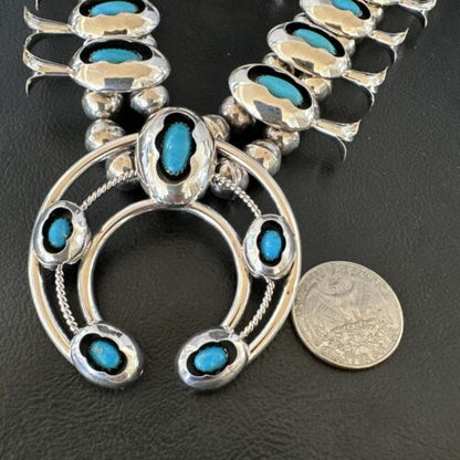 Navajo Turquoise Shadowbox Squash Blossom Necklace & Earrings | Sterling Silver | 16542