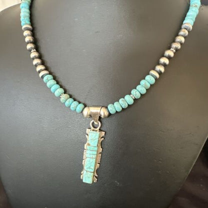 Men's and Women's Turquoise #8 Inlay Pendant Necklace | Navajo Sterling Silver | Authentic Native American Handmade | 17075