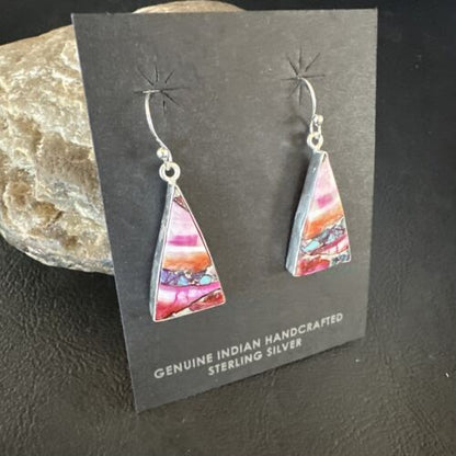 Navajo Blue Turquoise & Purple Spiny Oyster Inlay Dangle Earrings | Sterling Silver | 15564