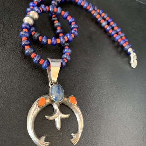 Navajo Blue Lapis Spiny Oyster Naja Pendant Necklace | Sterling Silver | Authentic Native American Handmade | 13706