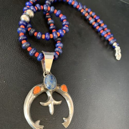 Navajo Blue Lapis Spiny Oyster Naja Pendant Necklace | Sterling Silver | Authentic Native American Handmade | 13706