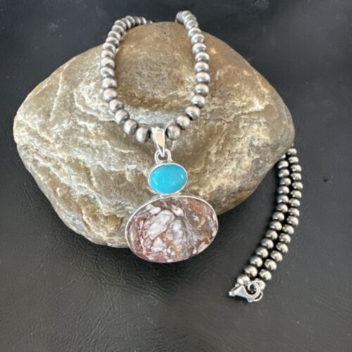 Navajo Wild Horse | Blue Kingman Turquoise Necklace | Sterling Silver | Authentic Native American Handmade | 17339