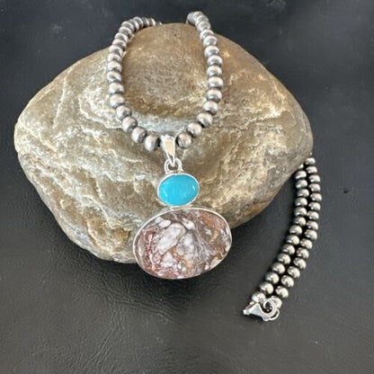 Navajo Wild Horse | Blue Kingman Turquoise Necklace | Sterling Silver | Authentic Native American Handmade | 17339