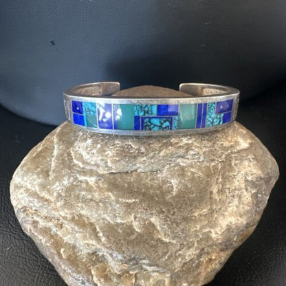 Navajo Blue Lapis Cuff Bracelet | Sterling Silver Inlay | Authentic Native American Handmade | 16123