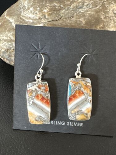Navajo Blue Turquoise & Orange Spiny Oyster Inlay Dangle Earrings | Sterling Silver | 15582
