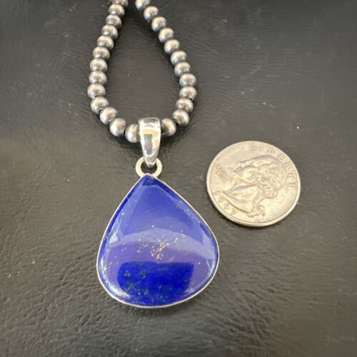 Navajo Blue Lapis Pendant with Pearls | Sterling Silver Necklace | 20" | Authentic Native American Handmade | 16670