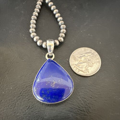 Navajo Blue Lapis Pendant with Pearls | Sterling Silver Necklace | 20" | Authentic Native American Handmade | 16670