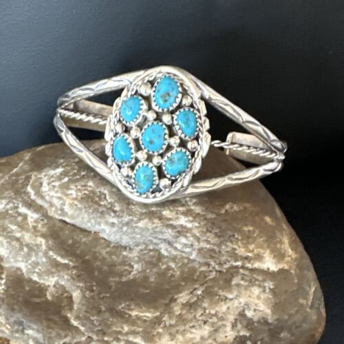 Navajo Blue Turquoise Cluster Bracelet | Sterling Silver | Authentic Native American Handmade | 15069