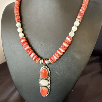 Navajo Red Spiny Oyster Mother of Pearl Pendant Necklace | Sterling Silver | Native American Handmade | 17658