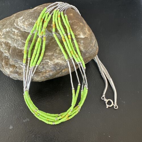 Navajo Green Gaspeite Heishi Bead Necklace | 5-Strand Stabilized Sterling Silver | 20" | 02941