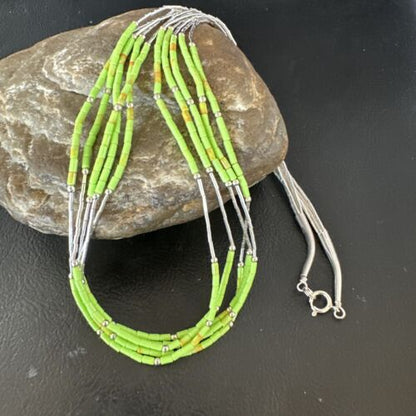 Navajo Green Gaspeite Heishi Bead Necklace | 5-Strand Stabilized Sterling Silver | 20" | 02941