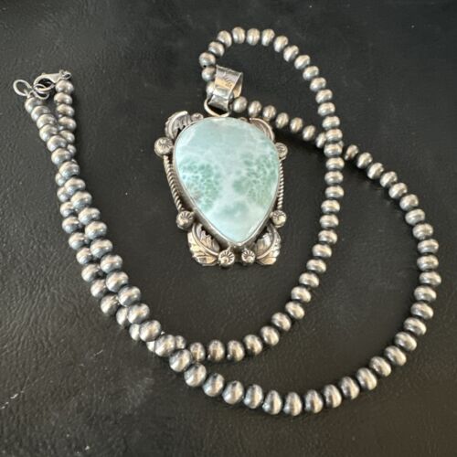 Navajo Blue Larimar Pendant Necklace | Sterling Silver Beads | Authentic Native American Handmade | 15222