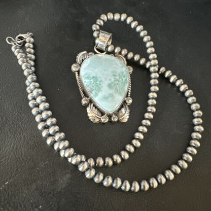 Navajo Blue Larimar Pendant Necklace | Sterling Silver Beads | Authentic Native American Handmade | 15222