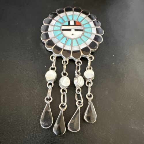 Sunface Zuni Inlay Turquoise Mother of Pearl Pin Pendant | Sterling Silver | Authentic Native American Handmade | 15177
