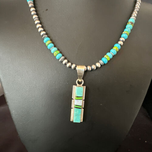 Navajo Green Gaspeite Turquoise Inlay Pendant Necklace | Sterling Silver | Authentic Native American Handmade | 16013