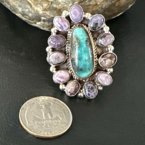 Navajo Kingman Turquoise Charoite Ring | Authentic Native American Sterling Silver | Multi-Stone | Sz 10 | 17181