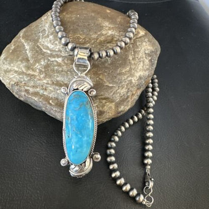 Navajo Kingman Turquoise Pendant Necklace | Sterling Silver Pearls | Authentic Native American Handmade | 15212 - Masha USA