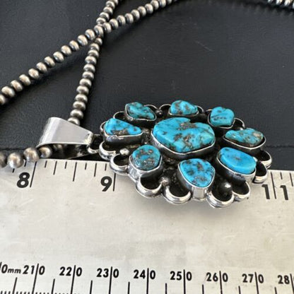 Navajo Blue Kingman Turquoise Cluster Pendant | Sterling Silver | 3" | Authentic Native American Handmade | 17417