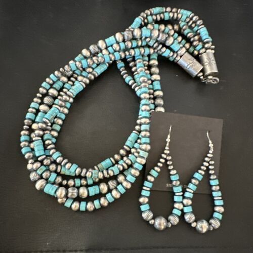 Navajo Sterling Silver 5 Strand 8mm Turquoise Heishi Necklace & Earrings Set | 20" | 17184