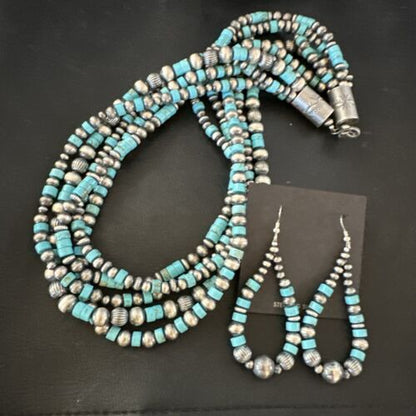 Navajo Sterling Silver 5 Strand 8mm Turquoise Heishi Necklace & Earrings Set | 20" | 17184