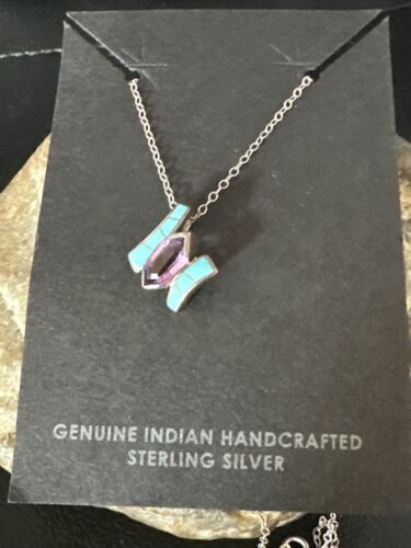 Amethyst Turquoise Pendant | Navajo Pearls | Sterling Silver Necklace 18" | 15282