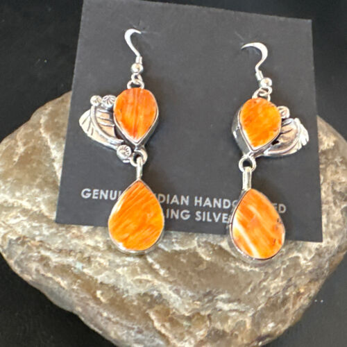 Navajo Orange Spiny Oyster Dangle Earrings | Sterling Silver | 1.5" | Authentic Native American Handmade | 16567