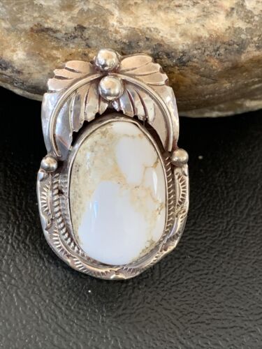 Navajo White Buffalo Turquoise Ring | Sterling Silver | Sz 8 | Authentic Native American Handmade | 01961