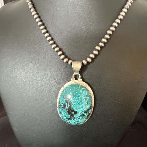 Navajo Blue Spiderweb Turquoise Pendant Necklace | Sterling Silver | Authentic Native American Handmade | 16199