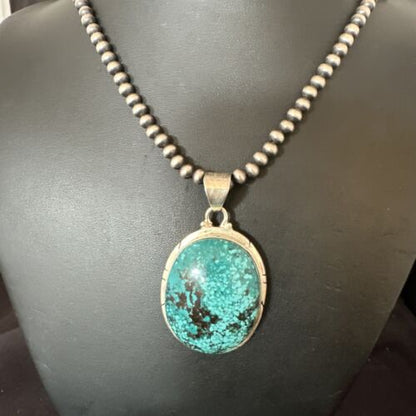 Navajo Blue Spiderweb Turquoise Pendant Necklace | Sterling Silver | Authentic Native American Handmade | 16199