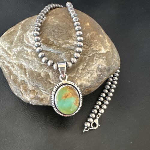 Navajo Green Gaspeite Pendant Necklace | Sterling Silver | Authentic Native American Handmade | 16363
