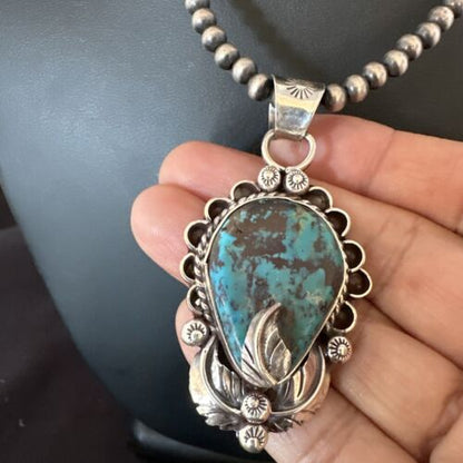 Navajo Blue Turquoise Pendant Necklace | Sterling Silver Pearls | Authentic Native American Handmade | 15644