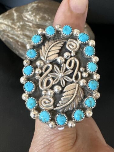 Navajo Blue Kingman Turquoise Cluster Ring | Authentic Native American Sterling Silver | Multi-Stone | Adjustable Sz 8 | 16324