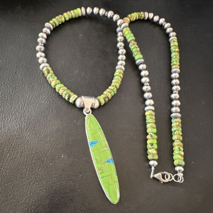 Navajo Green Gaspeite & Turquoise Inlay Pendant Necklace | Sterling Silver | 22" | Authentic Native American Handmade | 16765