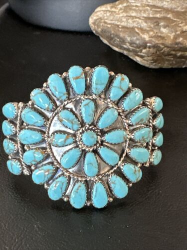 Navajo Blue Turquoise Cluster Cuff Bracelet | Sterling Silver | Old Pawn | Authentic Native American Handmade | 17220