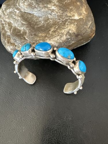 Navajo Blue Kingman Turquoise Cuff Bracelet | Sterling Silver | 5 Stone | Authentic Native American Handmade | 15988 - Masha USA
