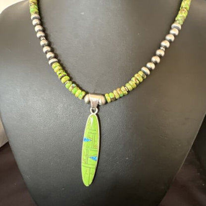 Navajo Green Gaspeite & Turquoise Inlay Pendant Necklace | Sterling Silver | 22" | Authentic Native American Handmade | 16765