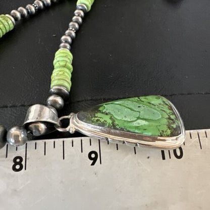 Navajo Green Gaspeite Pendant Necklace | Sterling Silver | Authentic Native American Handmade | 10979